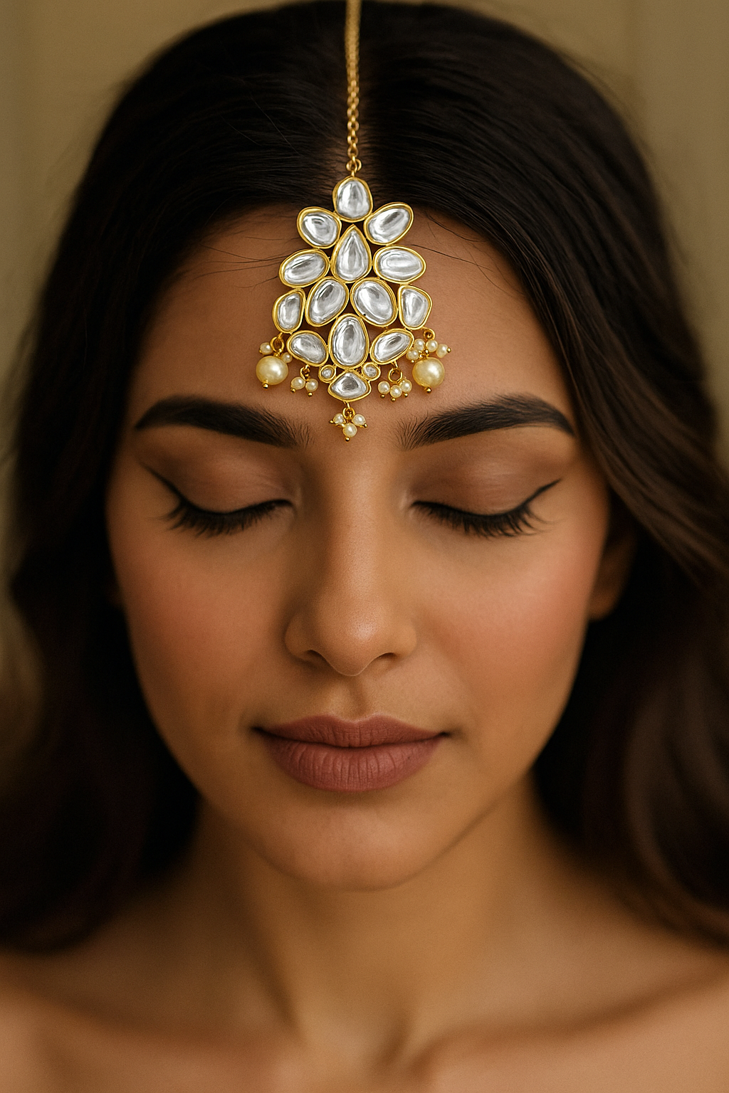 Elegant White Kundan Maang Tikka with Pearl Drops